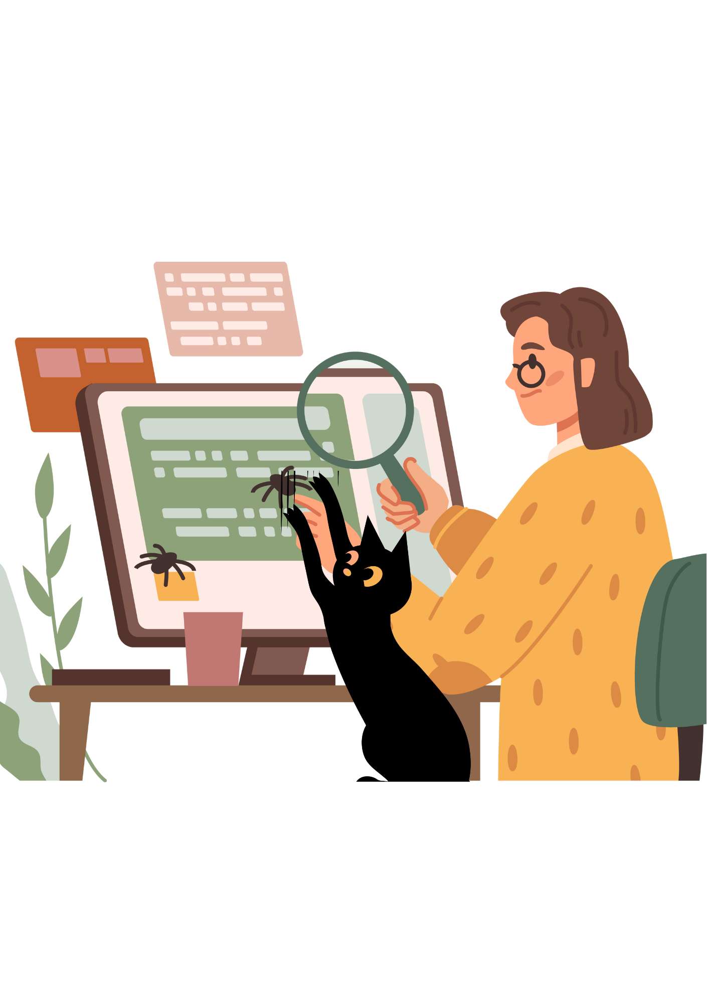 image of woman holding magnifying glass to desktop screen and black cat scratching the screen with spiders